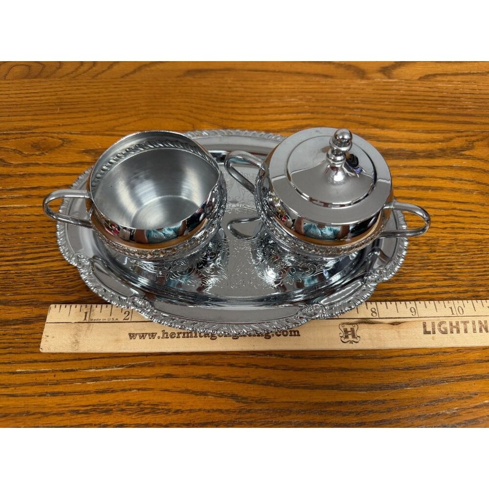 Irvinware Chromeware Cream And Sugar Set With Tray Made‎ In USA Vintage 1970s